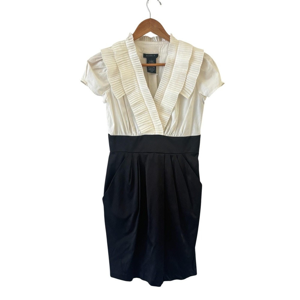 B. Darlin Colorblock Sheath Dress 5/6 Black Ruffle Pleat Party Cocktail Office